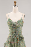 Sage Flower Ruched A Line Bridesmaid Dress with Slit