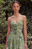 Sage Flower Ruched A Line Bridesmaid Dress with Slit