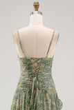Sage Flower Ruched A Line Bridesmaid Dress with Slit