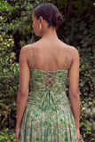 Sage Flower Ruched A Line Bridesmaid Dress with Slit