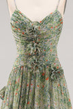 Sage Flower Ruched A Line Bridesmaid Dress with Slit