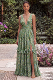 Flower Sage V Neck Ruffle A Line Maxi Dress with Slit