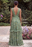 Flower Sage V Neck Ruffle A Line Maxi Dress with Slit