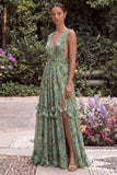 Flower Sage V Neck Ruffle A Line Maxi Dress with Slit