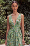 Flower Sage V Neck Ruffle A Line Maxi Dress with Slit