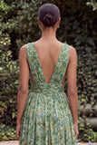 Flower Sage V Neck Ruffle A Line Maxi Dress with Slit