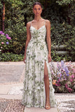 Green Printed Floral A Line Spaghetti Straps Bridesmaid Dress with Slit