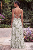 Green Printed Floral A Line Spaghetti Straps Bridesmaid Dress with Slit