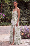 Green Printed Floral A Line Spaghetti Straps Bridesmaid Dress with Slit