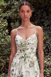 Green Printed Floral A Line Spaghetti Straps Bridesmaid Dress with Slit