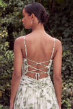 Green Printed Floral A Line Spaghetti Straps Bridesmaid Dress with Slit