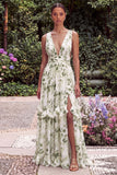 Printed Floral Green V Neck A Line Maxi Dress with Slit