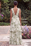 Printed Floral Green V Neck A Line Maxi Dress with Slit