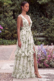 Printed Floral Green V Neck A Line Maxi Dress with Slit