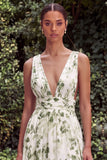 Printed Floral Green V Neck A Line Maxi Dress with Slit