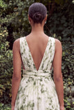 Printed Floral Green V Neck A Line Maxi Dress with Slit