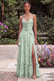 Sage A Line Floral Spaghetti Straps Wedding Guest Dress with Slit