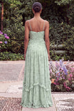 Sage A Line Floral Spaghetti Straps Wedding Guest Dress with Slit