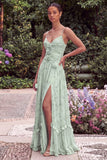 Sage A Line Floral Spaghetti Straps Wedding Guest Dress with Slit