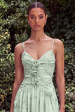 Sage A Line Floral Spaghetti Straps Wedding Guest Dress with Slit