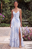 Blue A Line Printed Floral Wedding Guest Dress with 3D Flowers