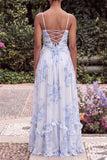 Blue A Line Printed Floral Wedding Guest Dress with 3D Flowers