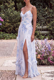 Blue A Line Printed Floral Wedding Guest Dress with 3D Flowers