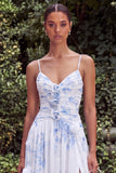 Blue A Line Printed Floral Wedding Guest Dress with 3D Flowers