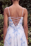 Blue A Line Printed Floral Wedding Guest Dress with 3D Flowers
