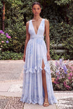 Light Blue V Neck Floral A Line Ruched Maxi Dress with Slit