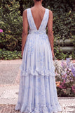 Light Blue V Neck Floral A Line Ruched Maxi Dress with Slit