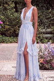Light Blue V Neck Floral A Line Ruched Maxi Dress with Slit