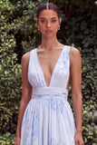 Light Blue V Neck Floral A Line Ruched Maxi Dress with Slit