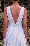 Light Blue V Neck Floral A Line Ruched Maxi Dress with Slit
