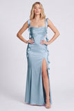 Lilac Mermaid Ruffle Square Neck Bridesmaid Dress with Slit