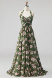 Green Floral Halter Backless A Line Maxi Dress