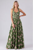 Green Floral Halter Backless A Line Maxi Dress