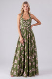 Green Floral Halter Backless A Line Maxi Dress