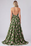 Green Floral Halter Backless A Line Maxi Dress
