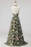 Green Floral Halter Backless A Line Maxi Dress