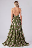 Green Floral Halter Backless A Line Maxi Dress