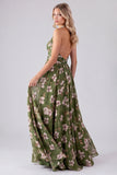Green Floral Halter Backless A Line Maxi Dress