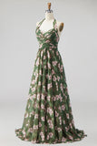Green Floral Halter Backless A Line Maxi Dress