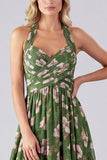 Green Floral Halter Backless A Line Maxi Dress