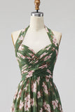 Green Floral Halter Backless A Line Maxi Dress