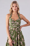 Green Floral Halter Backless A Line Maxi Dress
