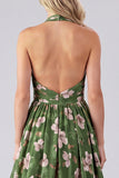 Green Floral Halter Backless A Line Maxi Dress