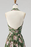 Green Floral Halter Backless A Line Maxi Dress