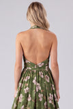 Green Floral Halter Backless A Line Maxi Dress