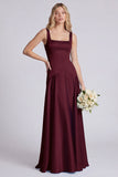 Eucalyptus Square Neck A Line Satin Long Bridesmaid Dress